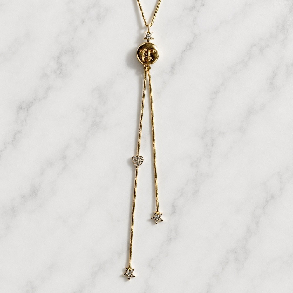 Vintage Italian 18K Gold Diamond Celestial Moon Star Whimsigoth Lariat Necklace - Picture 4 of 9